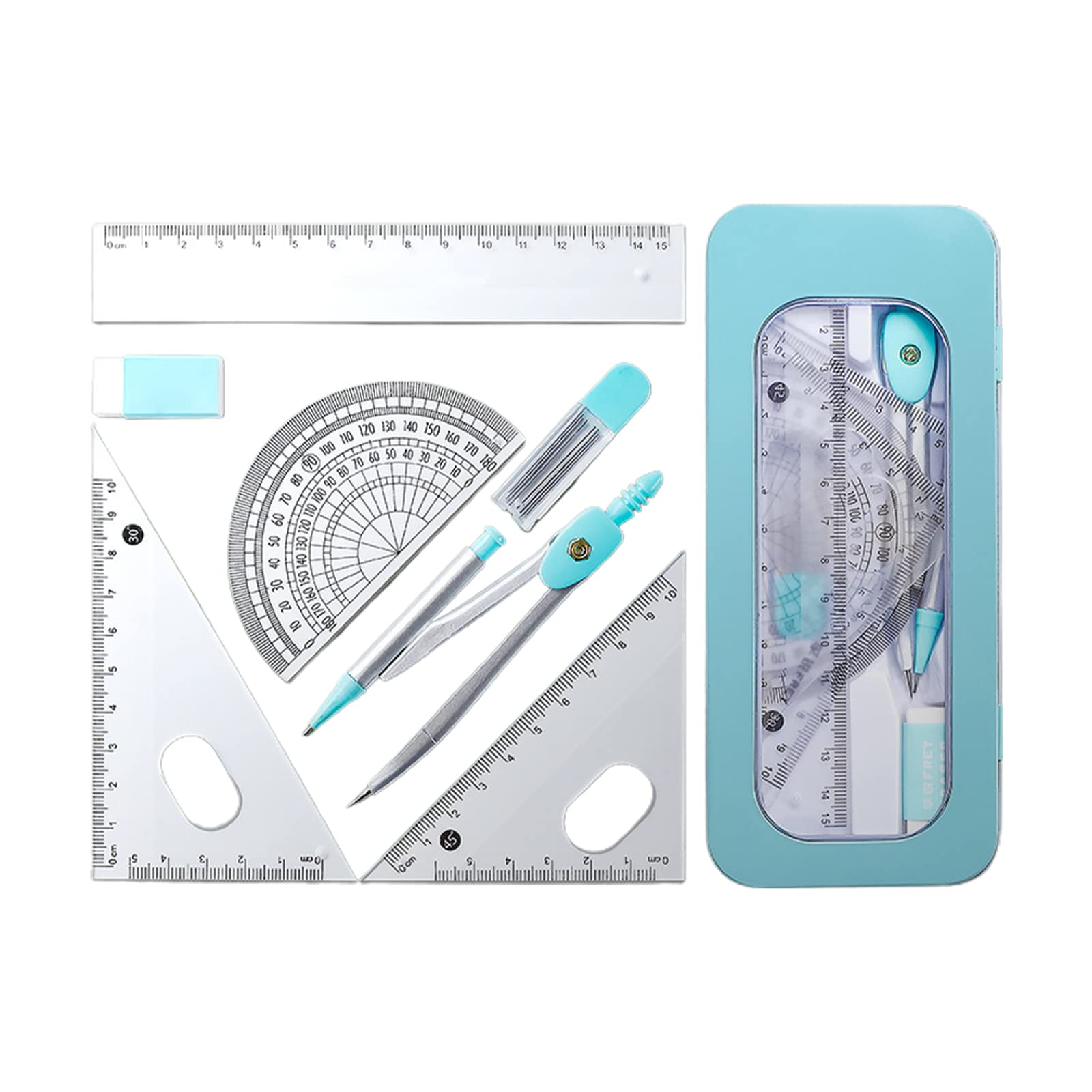 Geometry box math compass Set 7 Pieces Student Supplies with Shatterproof Storage Box,Geometry Set,Includes Rulers,Protractor,Compass,Pencil,Eraser.for Students and Engineering Drawings