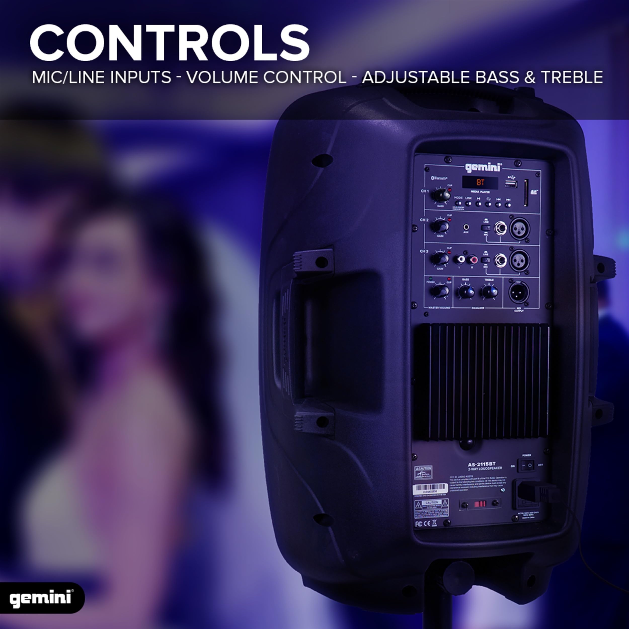 Gemini Sound As-2112Bt Active Bluetooth Pa System, 12" Inch Woofer 1500W Watts Dj Speakers, Sd, USB, Xlr Input/Output, 2 X 1/4" Inch Microphone/Rca And Aux Inputs, Tws