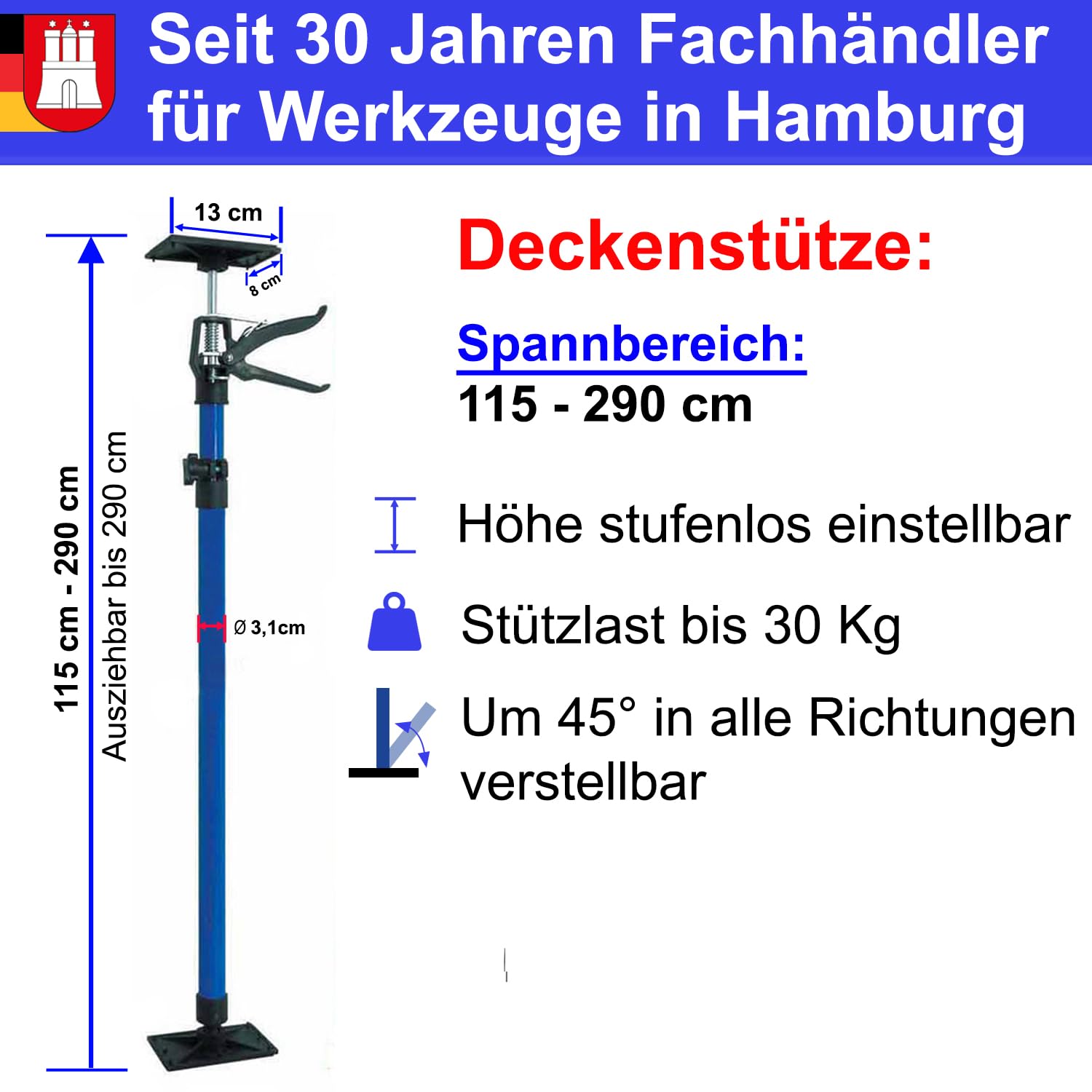 3 Stk. Deckenstütze Montagestütze 115-290cm Schnellspannstütze Einhandstütze Teleskopstange 30kg Stahl Schnellspann Deckenstützen Zargenspanner