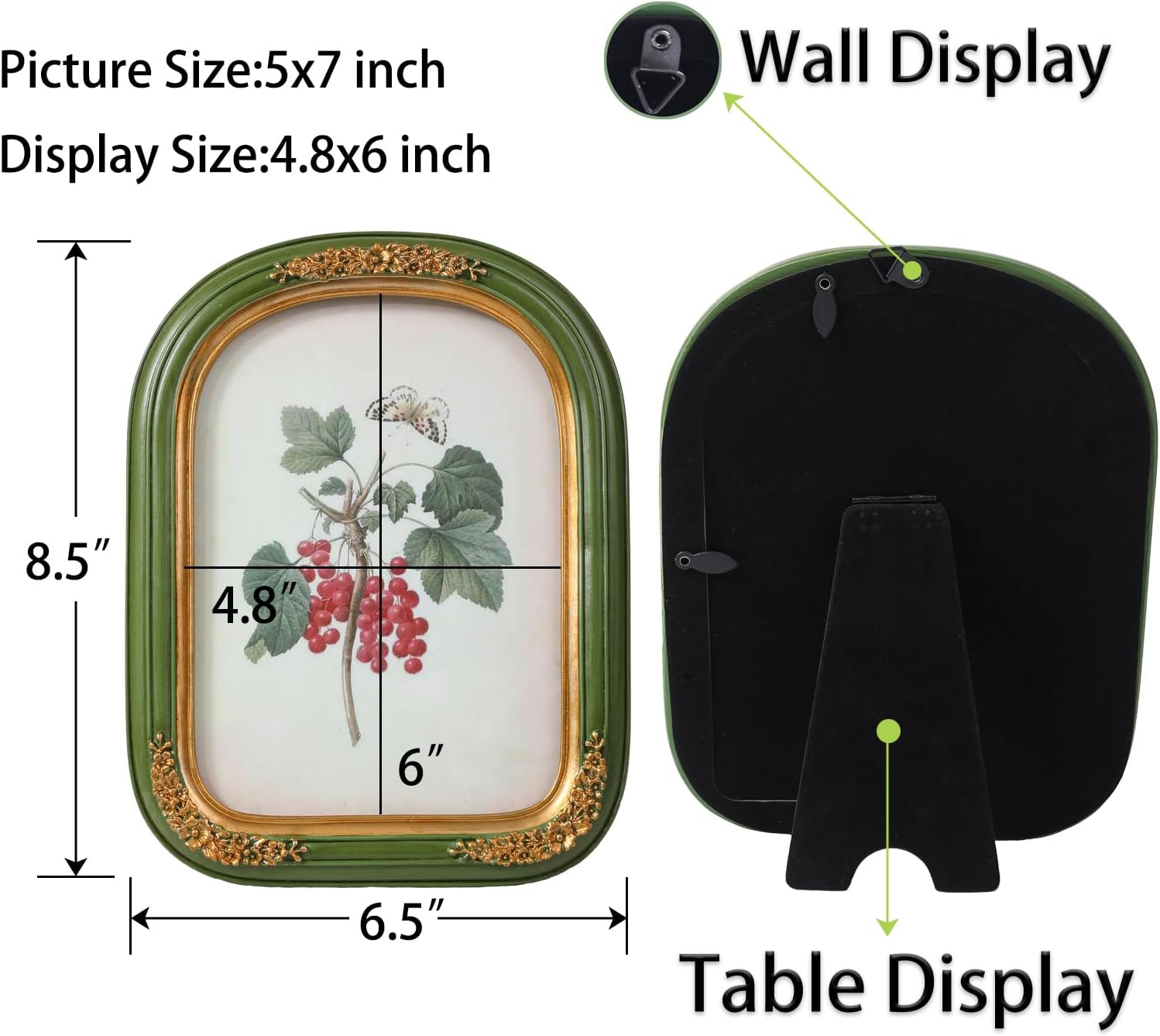 SIKOO Vintage Picture Frames 5x7 Antique Picture Frames Wall Mount and Tabletop Vintage Wall Decor Green and Gold