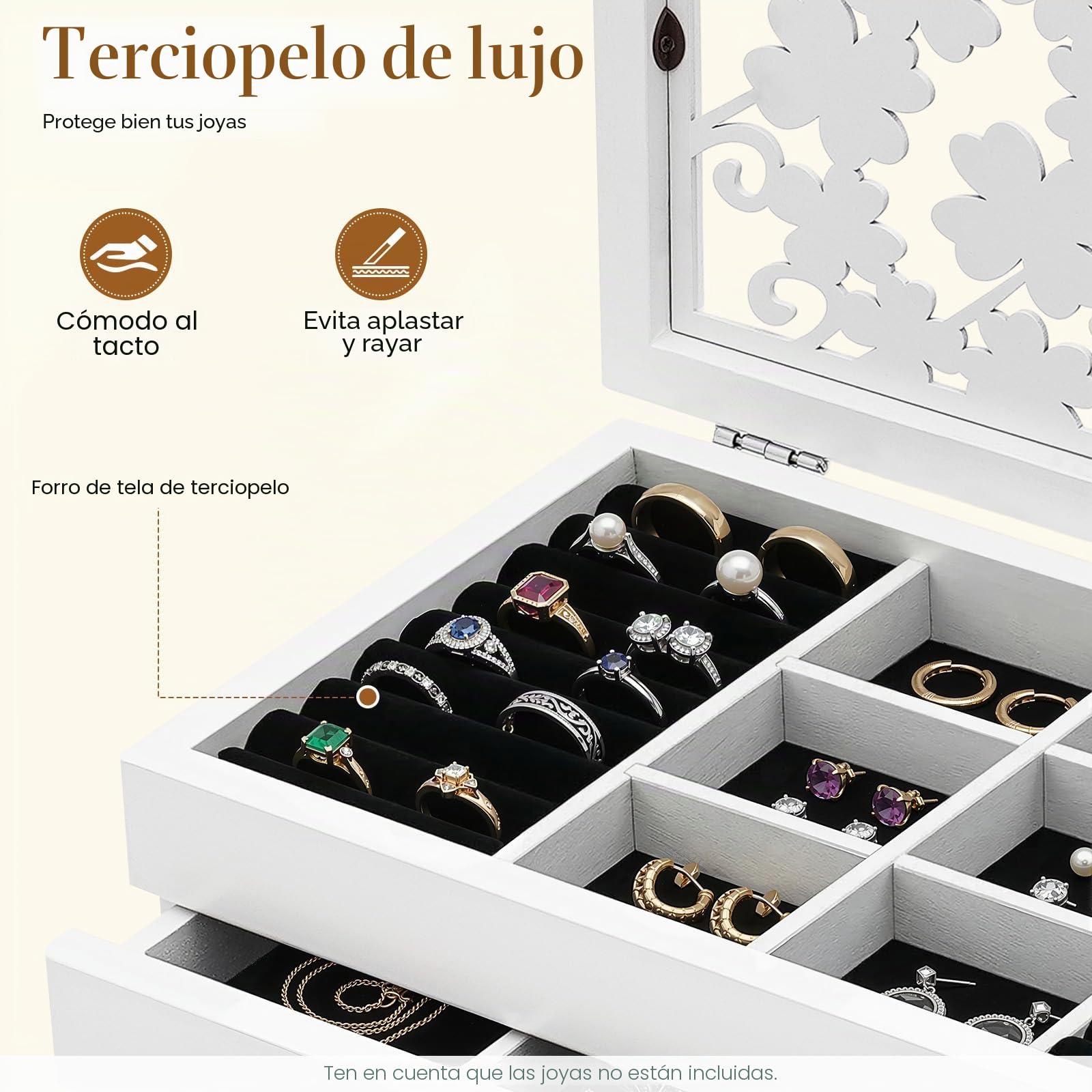 Joyero de madera, joyero grande con 6 niveles, joyero con cajones, forrado con franela, para pulseras, pendientes, anillos, collares