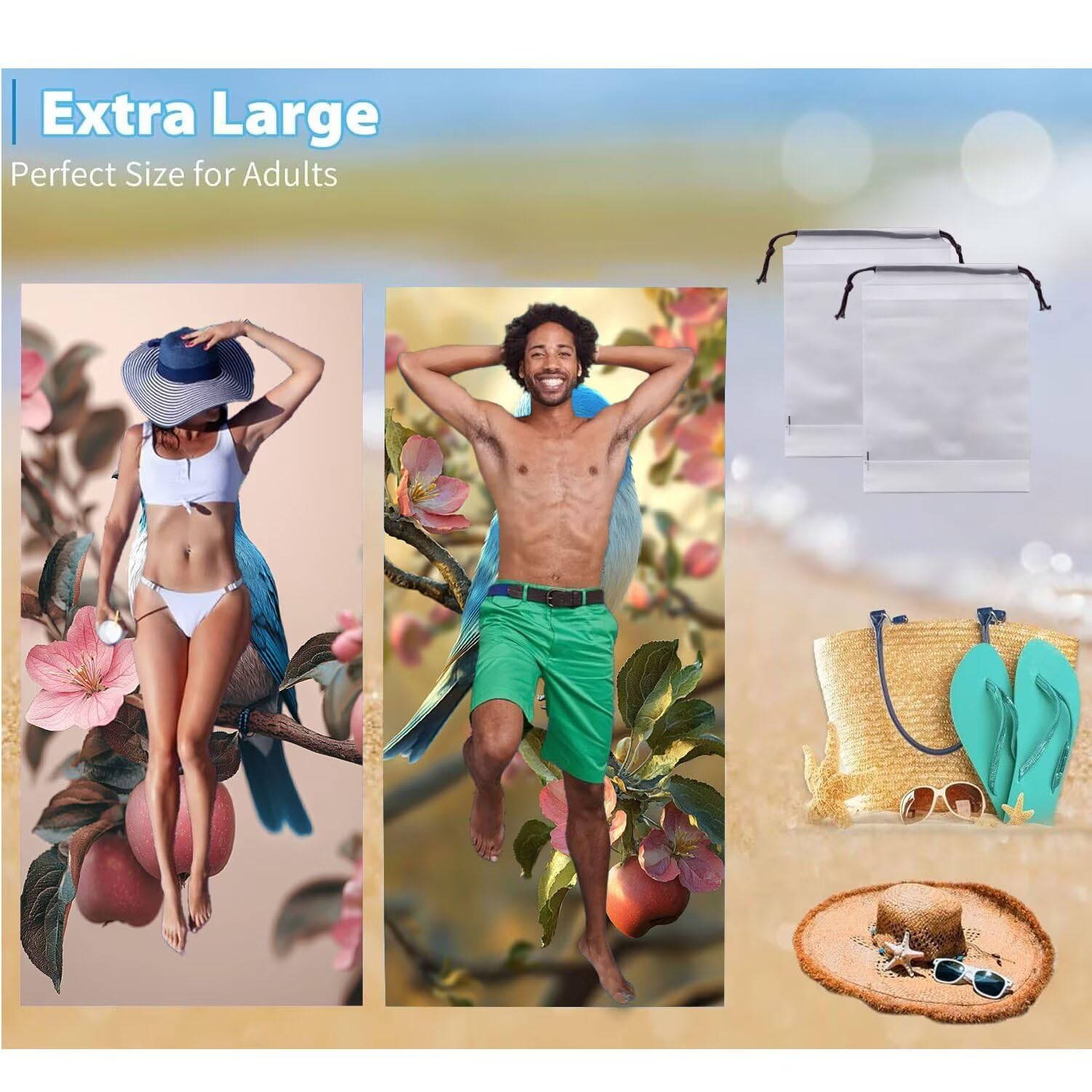 Ręcznik plażowy xxl 2 opakowanie, duży ręcznik plażowy z mikrofibry 80 x 160 cm, odporny na piasek, szybkoschnący, bardzo chłonny ręcznik kąpielowy, letni prezent dla kobiet (ptaki) B-782