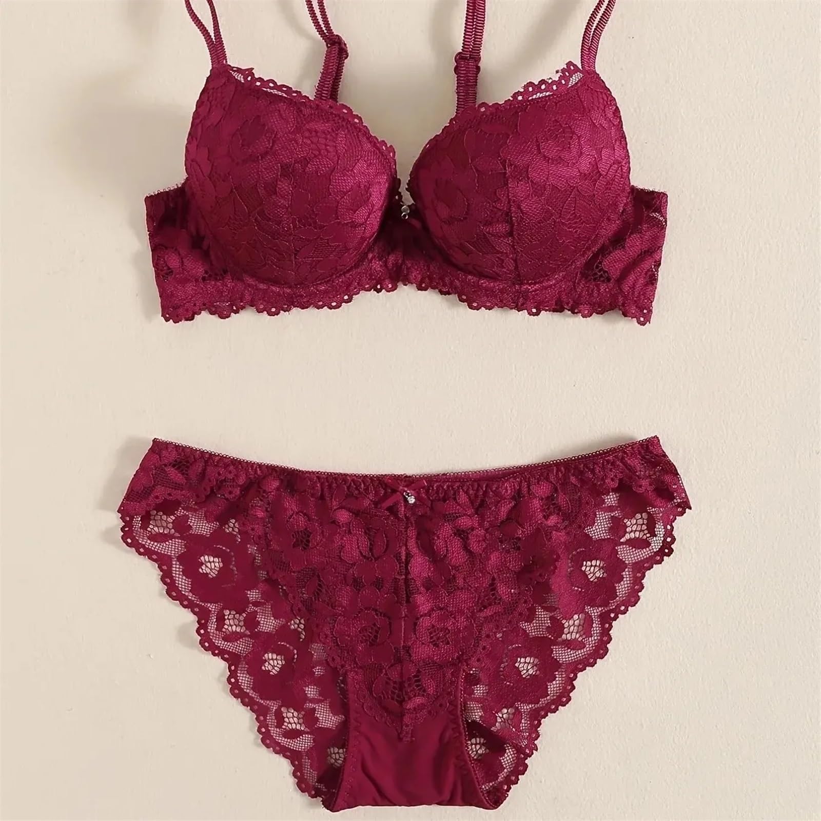 Mutande Bikini Slip 1 Set Elegante Pizzo Ricamo e Set di Lingerie in Tessuto Traspirante: Reggiseno Push-up, Mutandine Trasparenti a Vita Bassa(Wine Red,32B(70B))