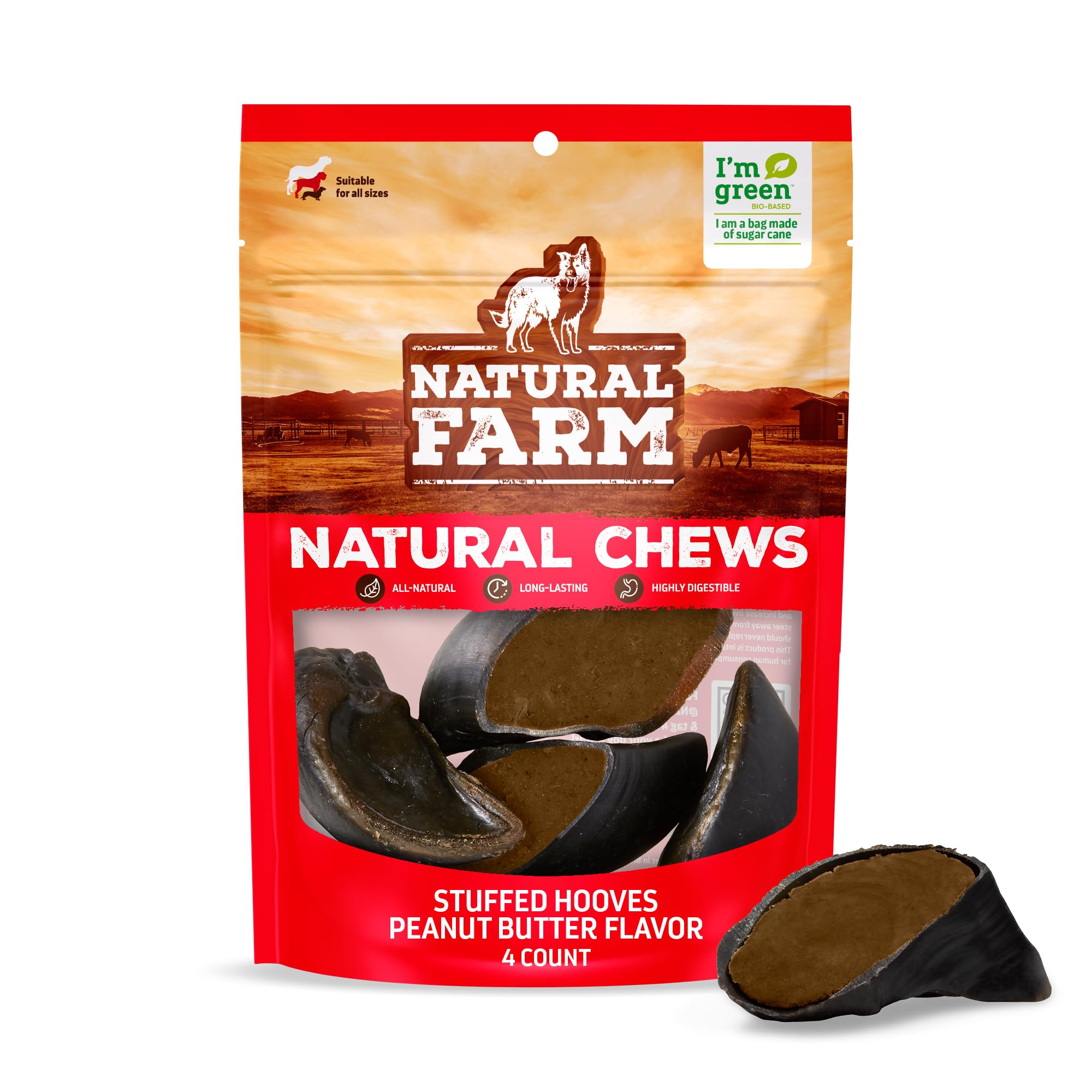 Natural Farm Peanut Butter Flavor Filled Cow Hooves for Dogs (4-Pack), Long-Lasting Natural Beef Bone Treats, Best for Small, Medium & Large Dogs