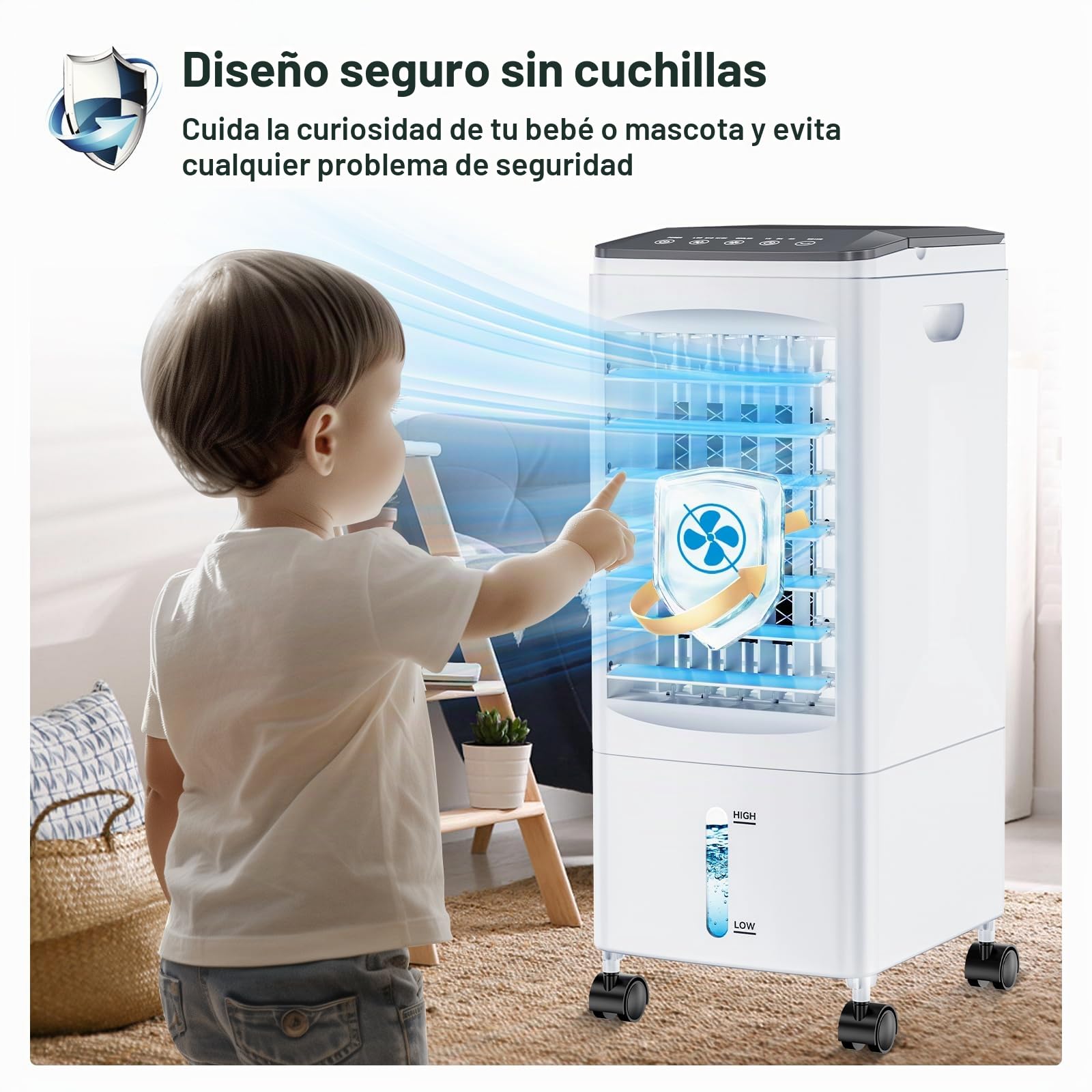 Enfriador de Aire Grande, Aire Acondicionado Portátil Silencioso, 4 en 1 Climatizador Evaporativo 5.5 L Tanque,Temporizador de 1-7 H, 2 Modos 3 Velocidades, Ruedas, Control Remoto para Hogar Oficina