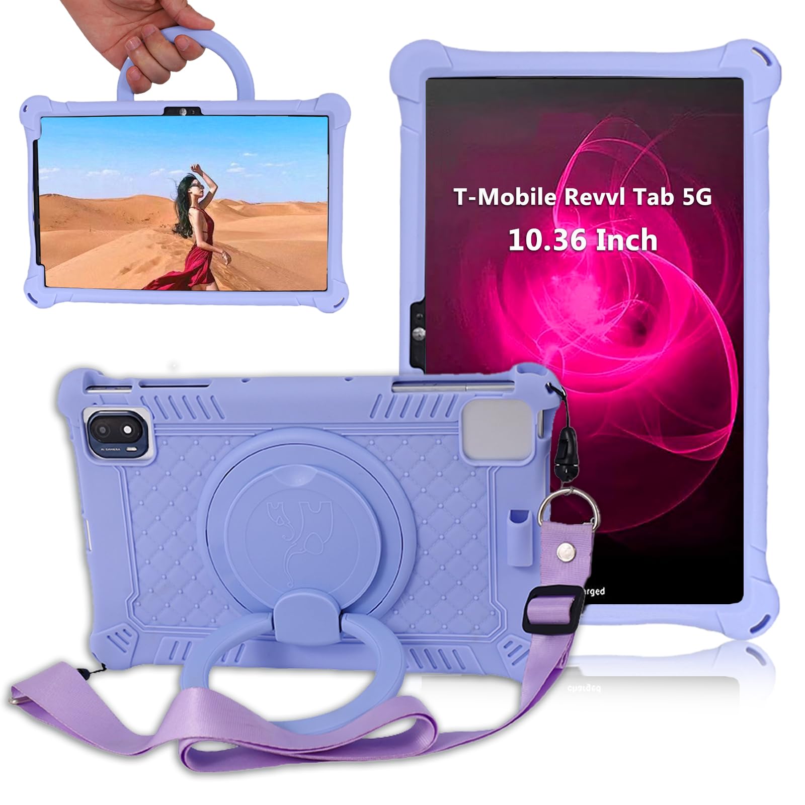 GIVEITALL Kids Silicone Case for T-Mobile Revvl Tab 5G Tablet 10.36 Inch, Teclast P25T/P26T With 360 Rotation Bracket, Shoulder Strap & Touch Pen (