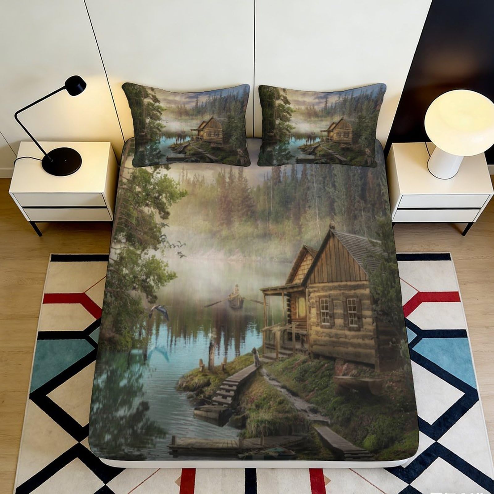 3D Printed Forest Cabin Fitted Sheet Microfiber Soft Breathable Lake Scene Bed Cover for Bedroom Dormitory Guest Room Mattress Protection Decor 140x200x25cm