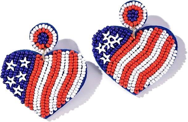 American Flag Dangle Earrings Beaded - Handmade 4th of July Patriotic Earrings, Independence Day Accessories
