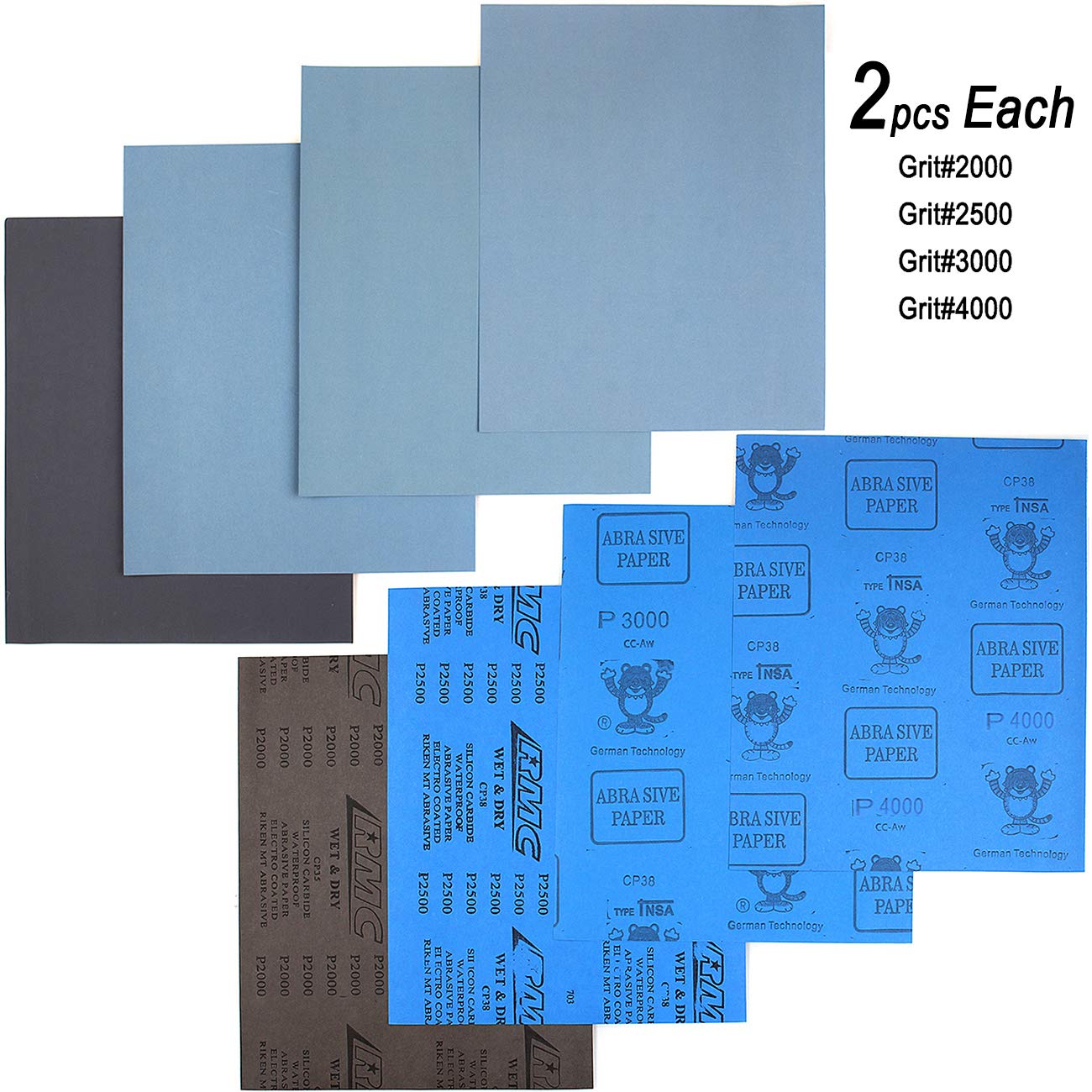 Papel de lija de 9 x 11 pulgadas, 18 hojas de papel de lija húmedo o seco, grano 2000-12000, surtido de papel de lija 9, almohadillas abrasivas extrafinas para lijado automotriz, acabado de