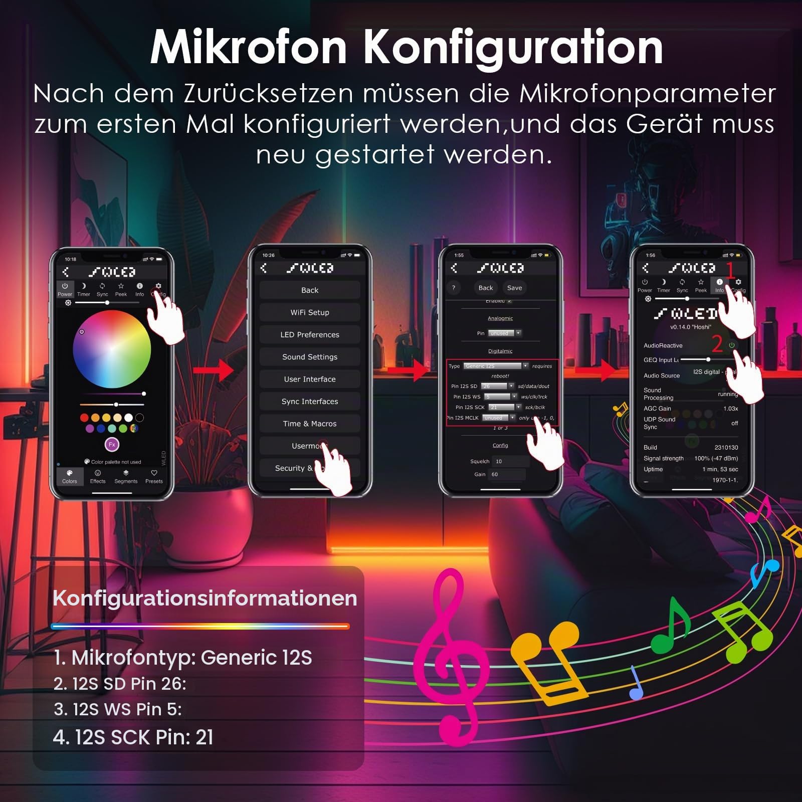4-Kanal WLED Controller mit Mikrofon, ESP32 Musik-LED-Controller DC 5-24V, Kompatibel mit Adressierbaren RGB LED Streifen WS2811 WS2812B SK6812 WS2815, 4 Individuelle Ausgänge