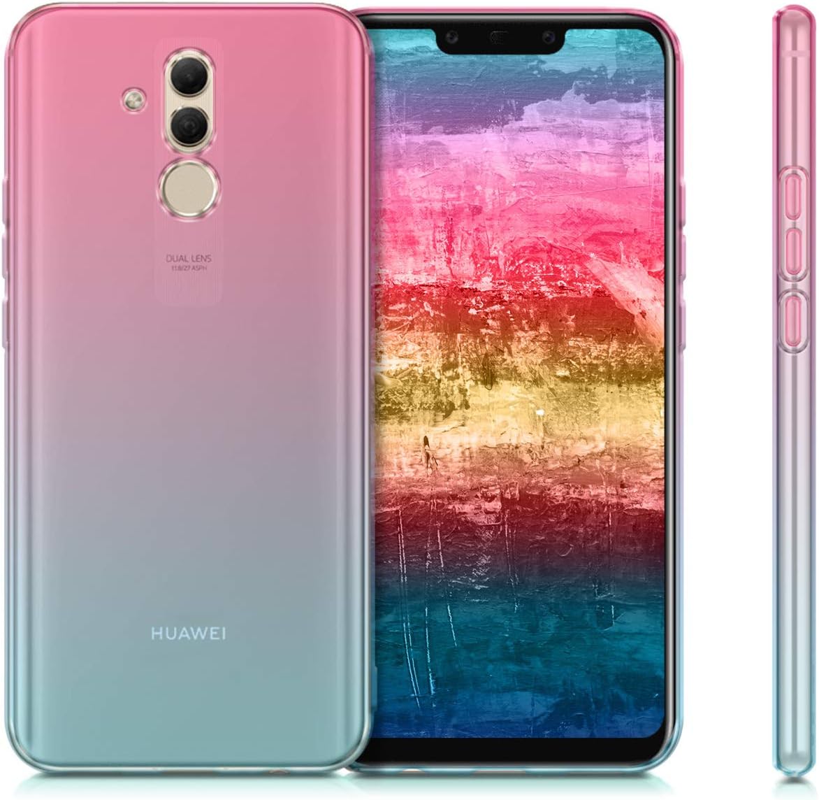 kwmobile Case Compatible with Huawei Mate 20 Lite - Case Transparent Gradient Phone Cover - Bicolor Dark Pink/Blue/Transparent