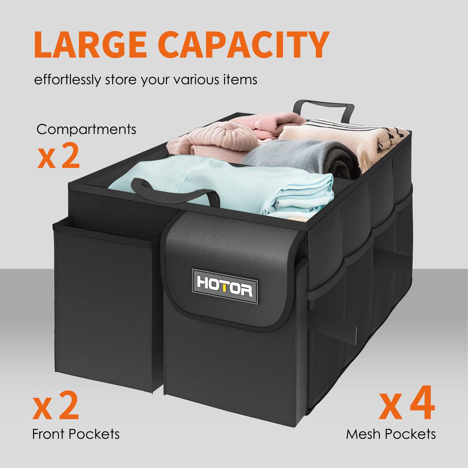 HOTOR Trunk Organizer for Car - Large-Capacity Car Organizer, Foldable Trunk organizer for SUVs & Sedans, Sturdy Car Organization for Car Accessories, Tools, Sundries, Black, 2 Compartments