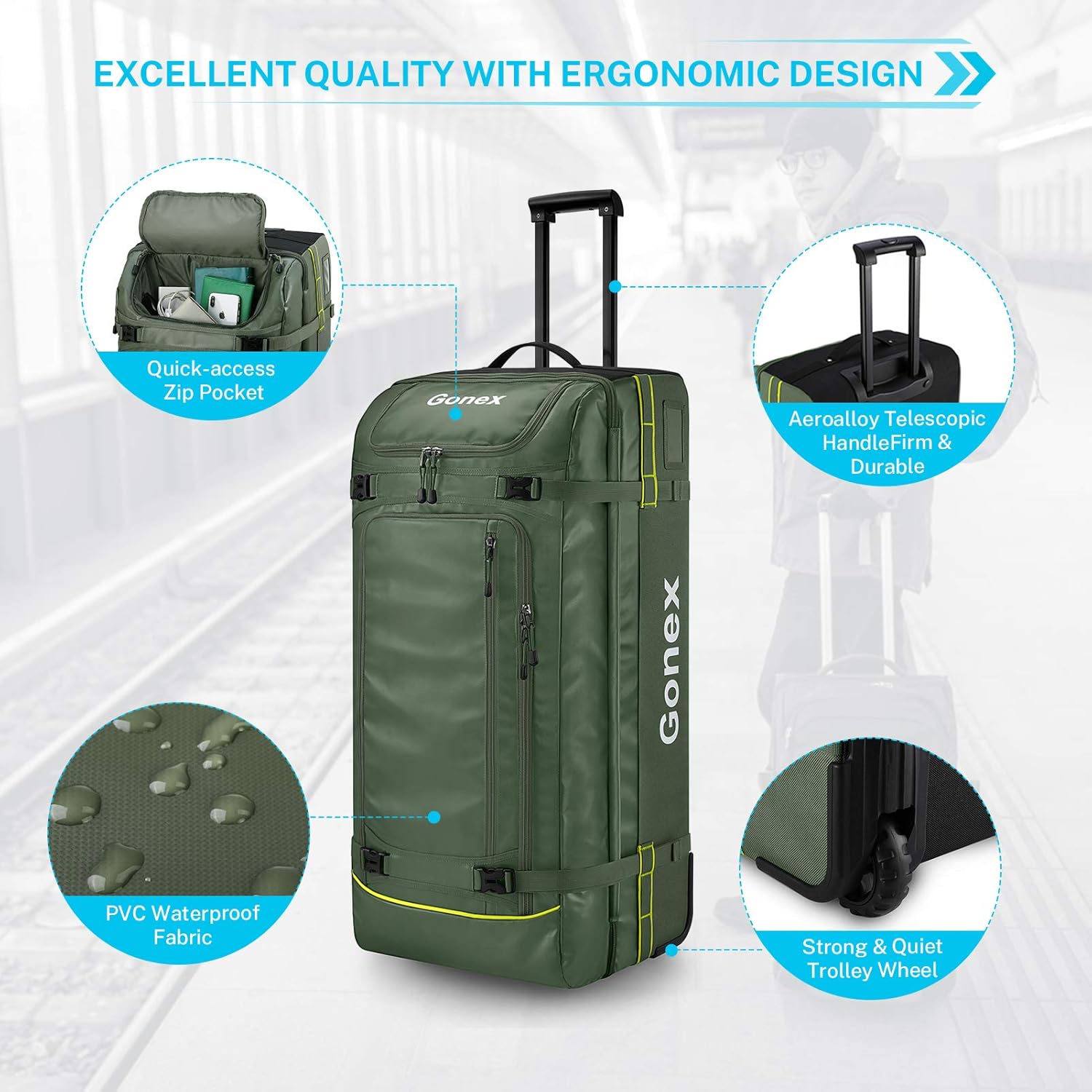  | Gonex Rolling Duffle Bag with Wheels, 100L Water Repellent Large Wheeled Travel Duffel Luggage with Rollers 30 inch, Olive Green | Travel Duffels