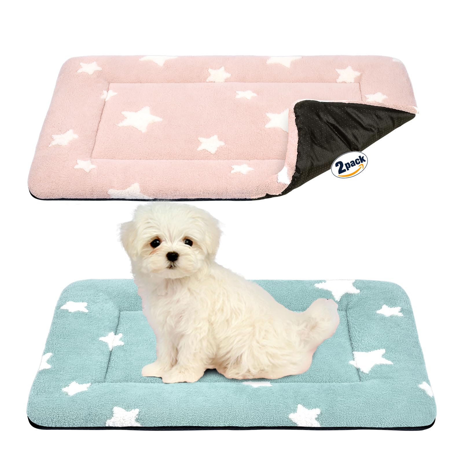 MORA PETS 2Pcs Medium Dog Crate Bed Mattress 60x45cm for Dogs and Cats, Plush Pet Cushion Mat for 24inch Cage, Washable Cat Bed Pad with Star Print & Non-Slip Bottom, Blue+Pink