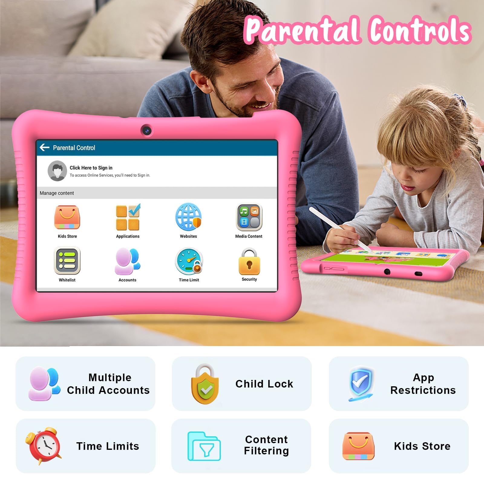 EagleSoar Tablet Bambini 10 Pollici Android 13 Tablet per Bambini Quad Core 3GB RAM 32GB ROM 6000mAh WiFi Bluetooth Controllo Parentale Apprendimento Educazione PC con Custodia (Rosa)