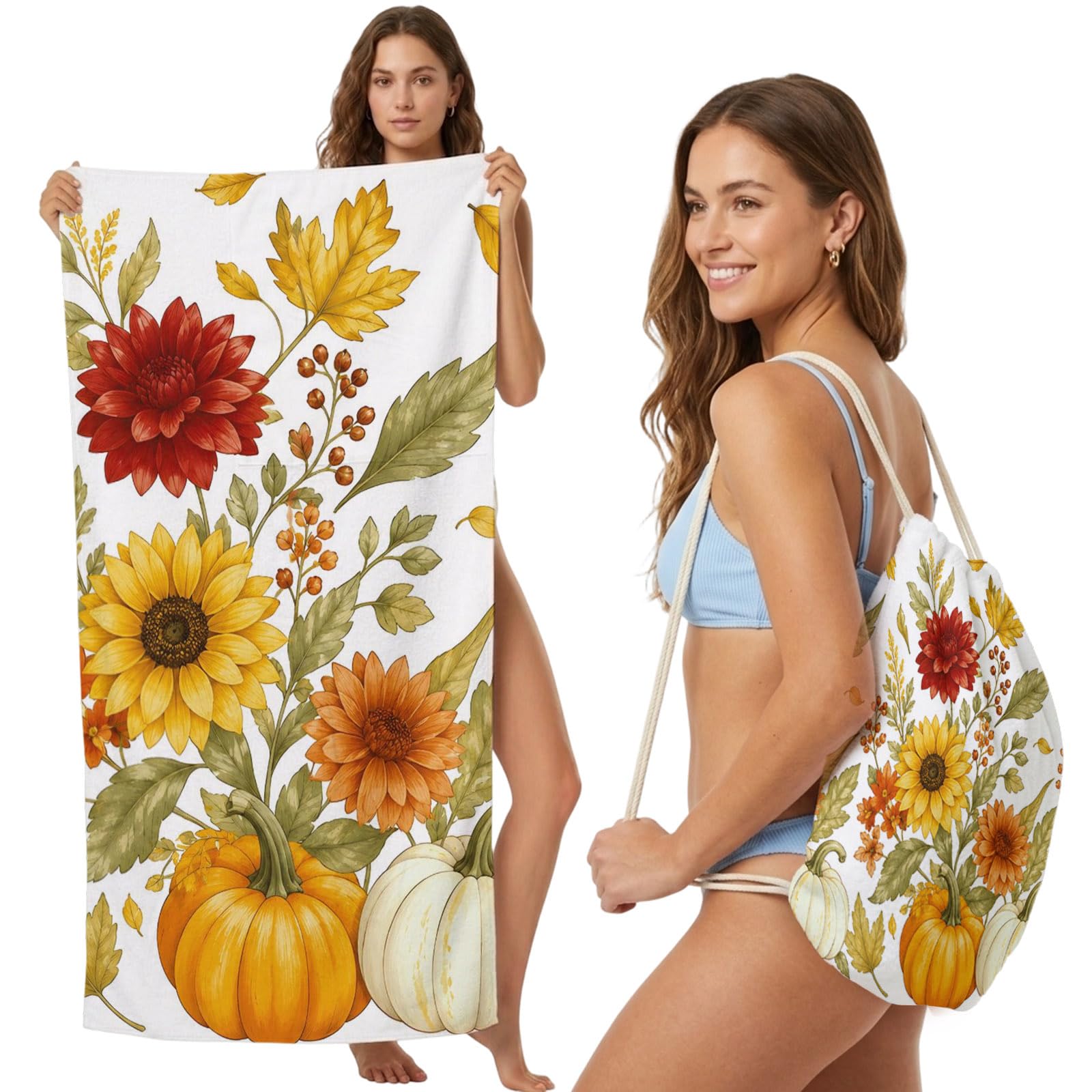 2-in-1 Beach Towel Backpack,Farm Watercolor Sunflowers Bath Towel with Built-in Storage Autumn Thanksgiving Pumpkins Convertible Foldable Beach Blanket for Travel Pool Gym Camping Swim,31x63in