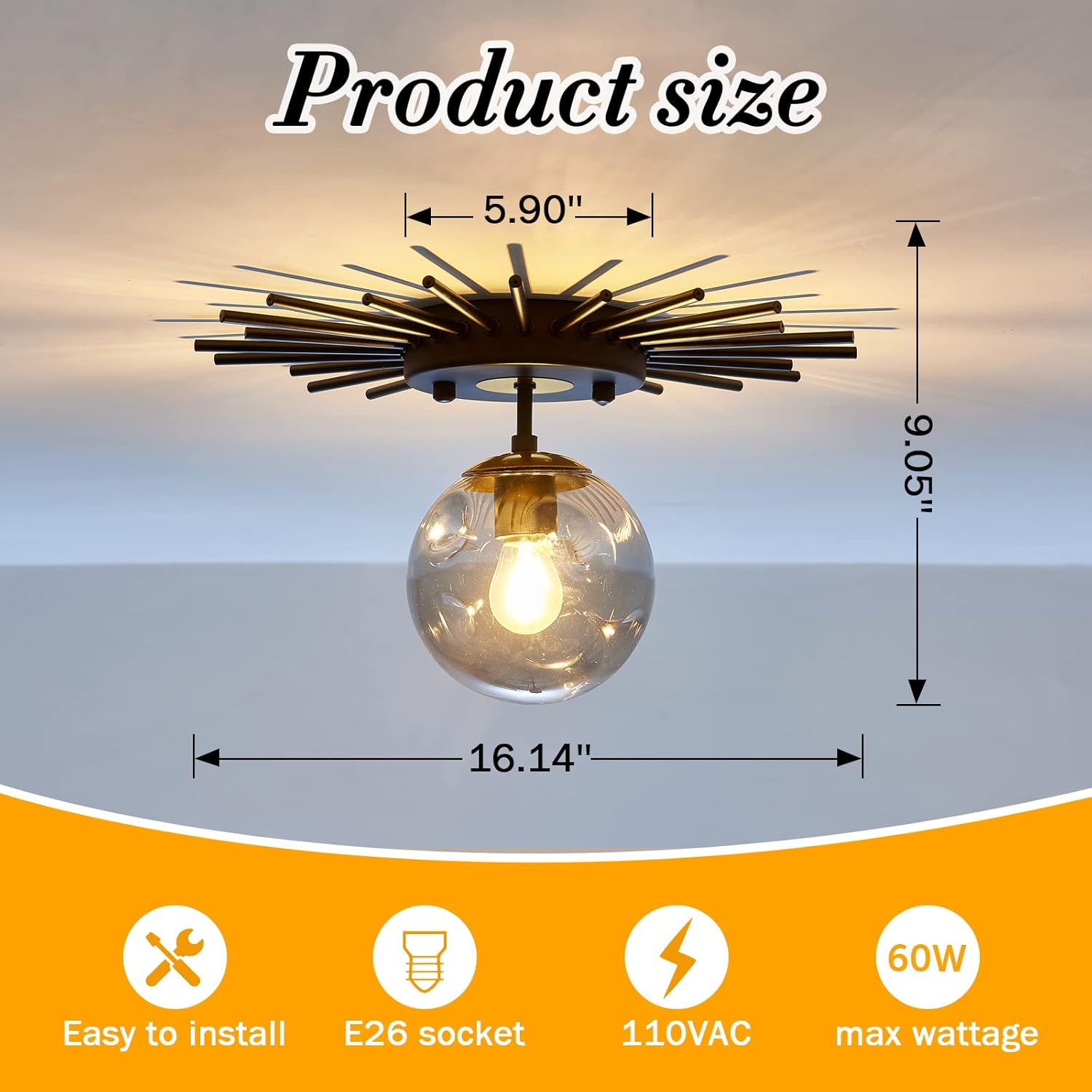 UOFUS Small Black Flush Mount Ceiling Light with Glass Globe Sputnik Starburst Chandelier 1-Light Close to Ceiling Light Fixture for Hallway Dining Room Bedroom Kitchen Foyer Closet Bathroom