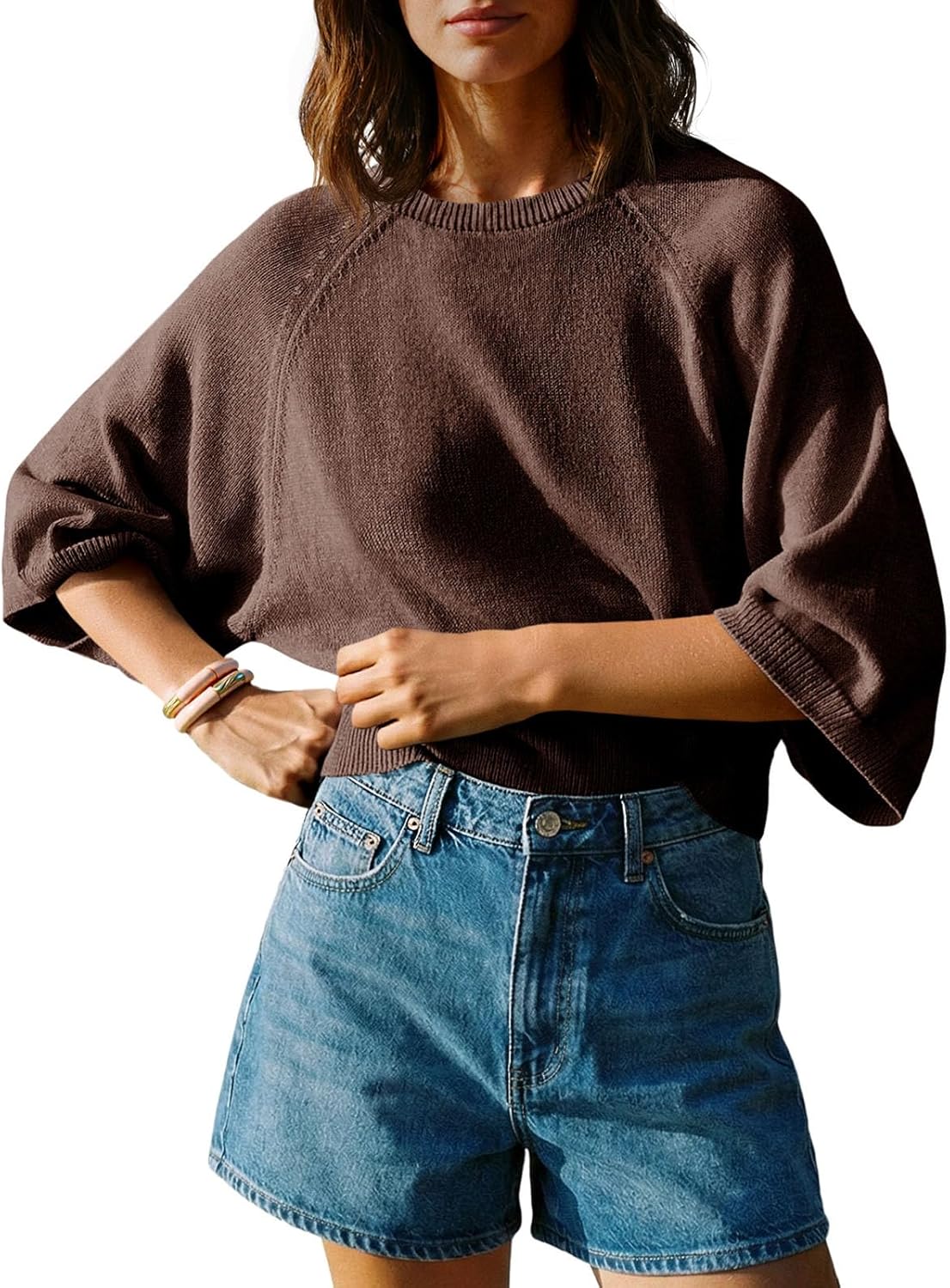 Saodimallsu Womens Short Sleeve Sweater Tops Summer Lightweight Knit Crew Neck Casual Loose Batwing Pullover Top
