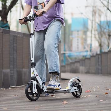 Scooters for Adults Kids Teenagers with Discbrake Handbrake, Dual Suspension City Scooter for Kids Ages 8-12, Large Wheels Folding Adjustable Scooter, Free Carry Strap and Bell
