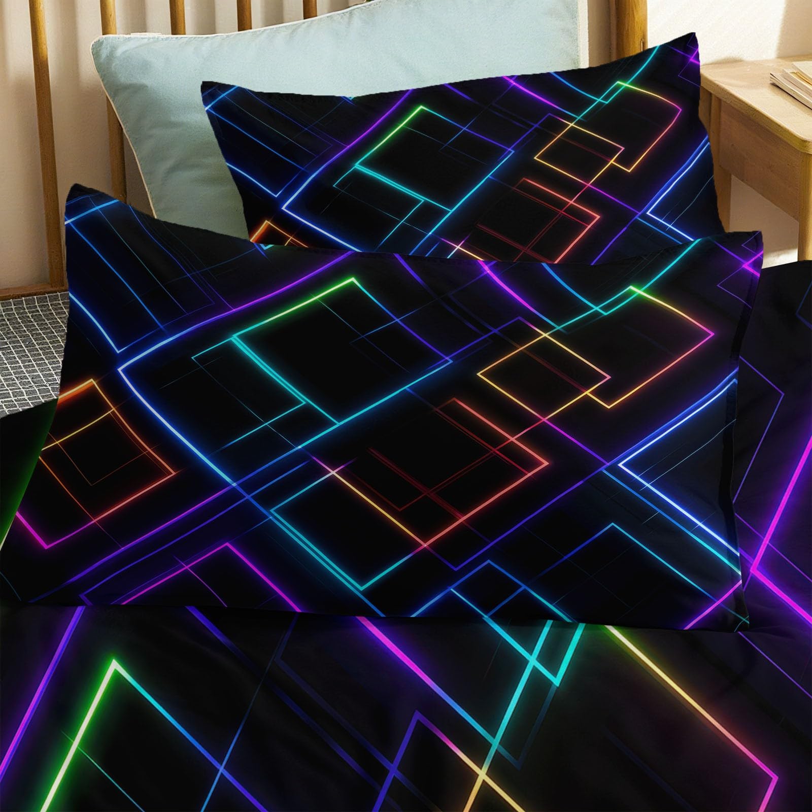 Pościel 200 x 220 cm, czarna, zestaw pościeli, abstrakcyjny geometryczny wzór neonowy, poszewka na kołdrę z mikrofibry, nie wymaga prasowania i miękka – dwustronna pościel i poszewka na