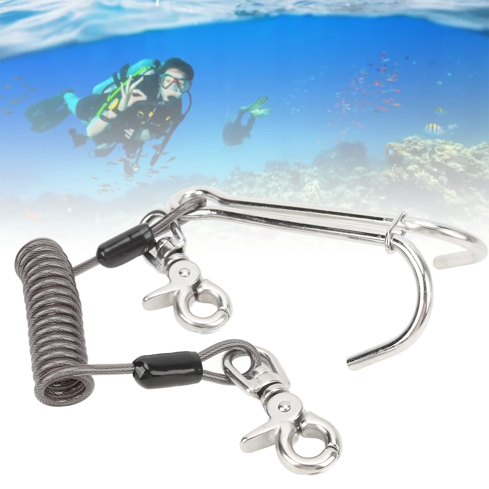 Gancio per barriera corallina subacquea, in acciaio inossidabile 316, gancio doppio per immersioni subacquee, con cordino a spirale per immersioni e nuoto