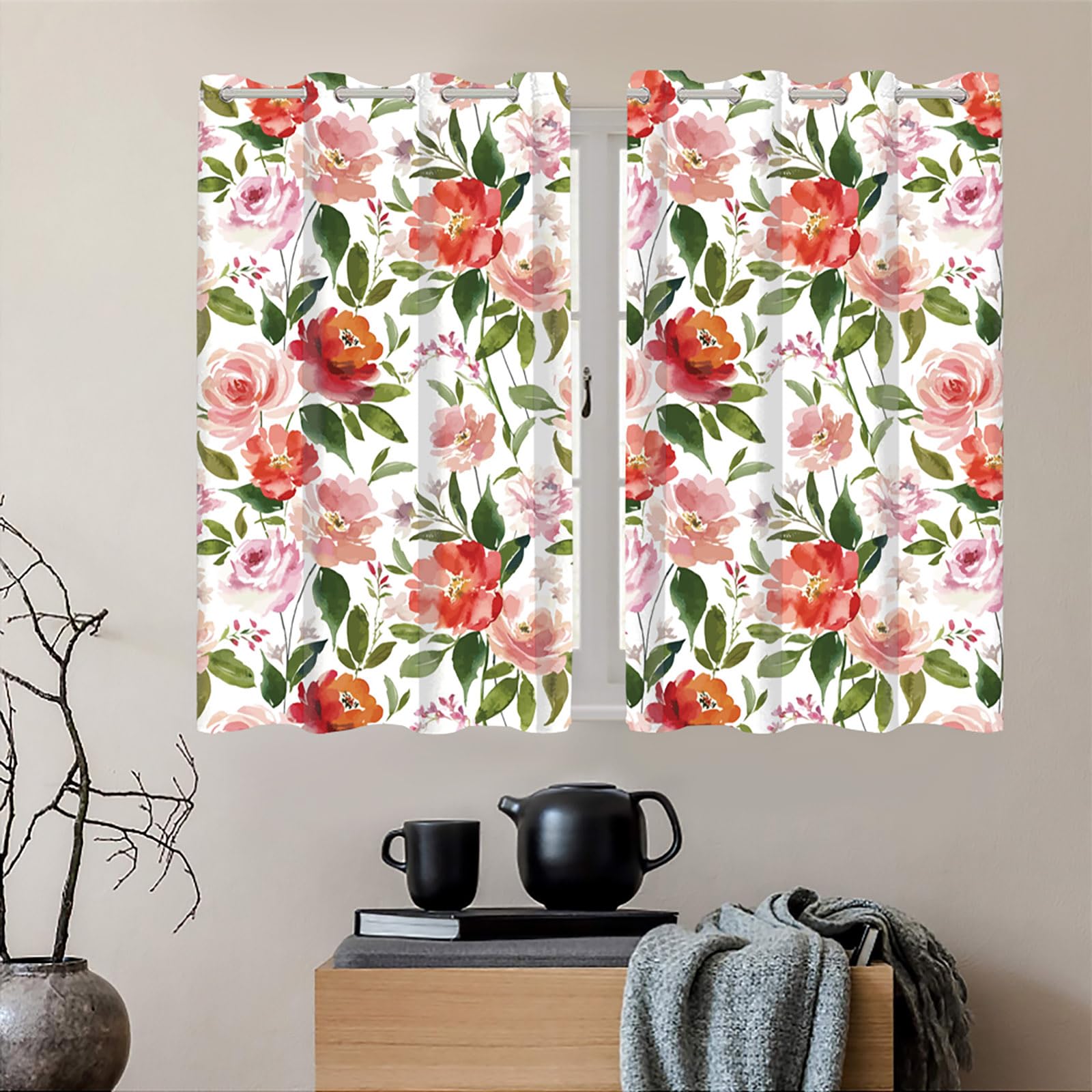 ggaimwf 46"x 54" Flower Eyelet Curtain Watercolor Blossom Floral Aesthetic Farmhouse Country Style Insulated Thermal Grommet Blackout Window Drapes for Girl Bedroom Living Room,2 Panels