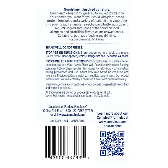 Compleat Pediatric Original 250mL, Plant-Based Nutritionally Complete Tube Feeding Formula, Fruit Medley Flavor, 24 Pack | Ages 1 to 13 Years, 250 mL, Reclosable Carton