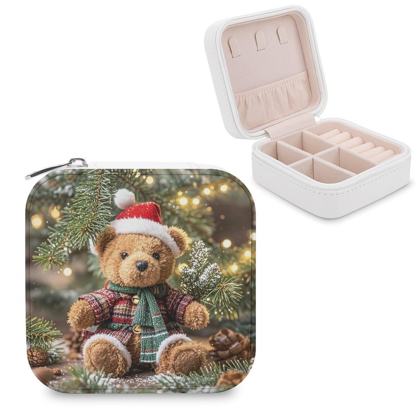 LZQPOEAS Xmas Tree Branch Bear Doll Jewelry Box Mini Jewelry Travel Case Trendy Stuff Ring Box Custom PU Leather Jewelry Boxes Portable Jewelry Case Earring Storage Organizer for Girls Women