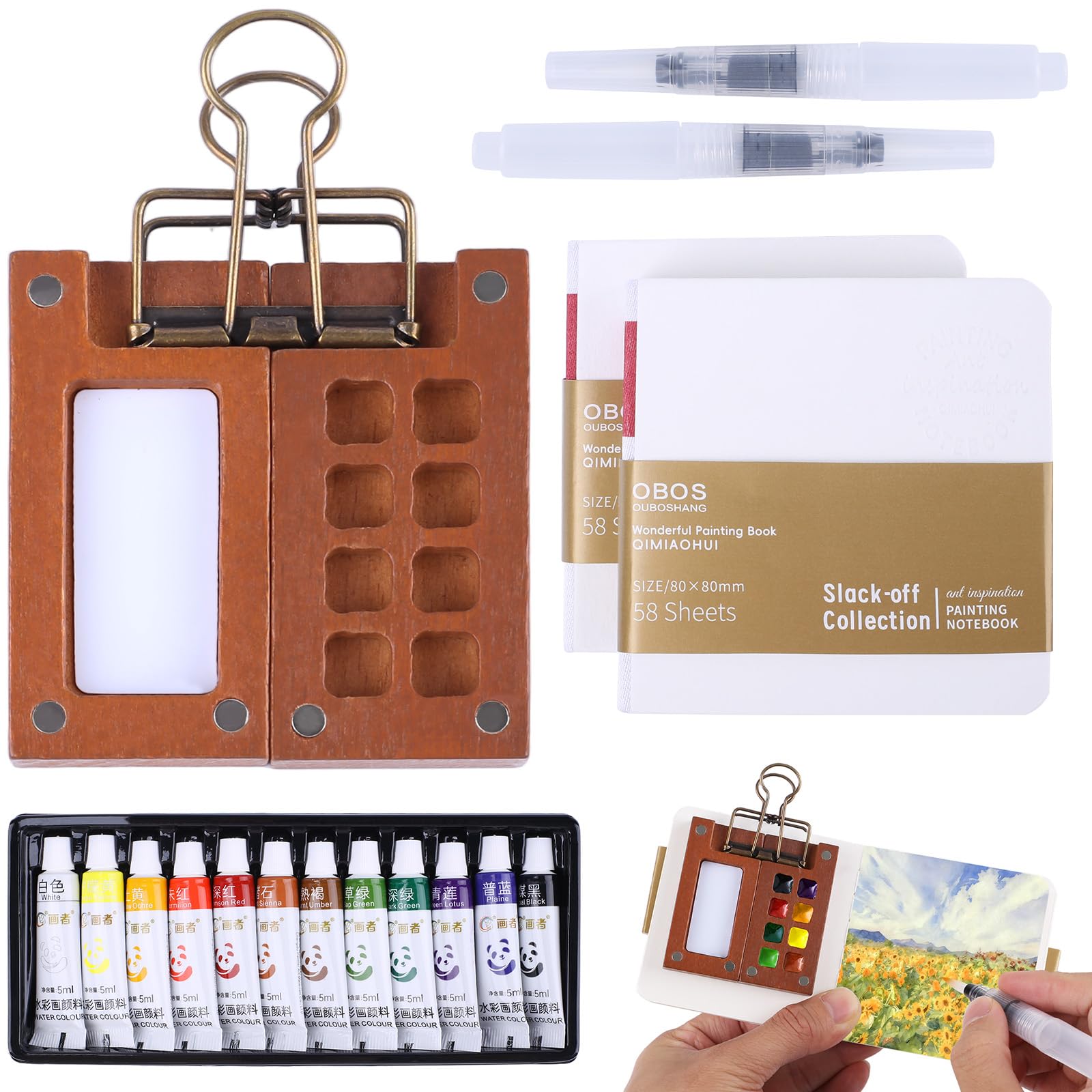 6 Pcs Mini Watercolour Paint Set Travel, 8 Grids Pocket Watercolour Set, Portable Watercolor Palette, Wooden Travel Paint Palette for Painting Lovers, Artists