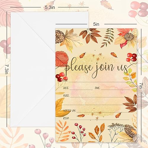 Miniatura 2 de AnyDesign - Invitaciones vintage de otoño, 25 juegos de tarjetas de invitación de otoño con sobres, calcomanías de acuarela botánica en blanco para