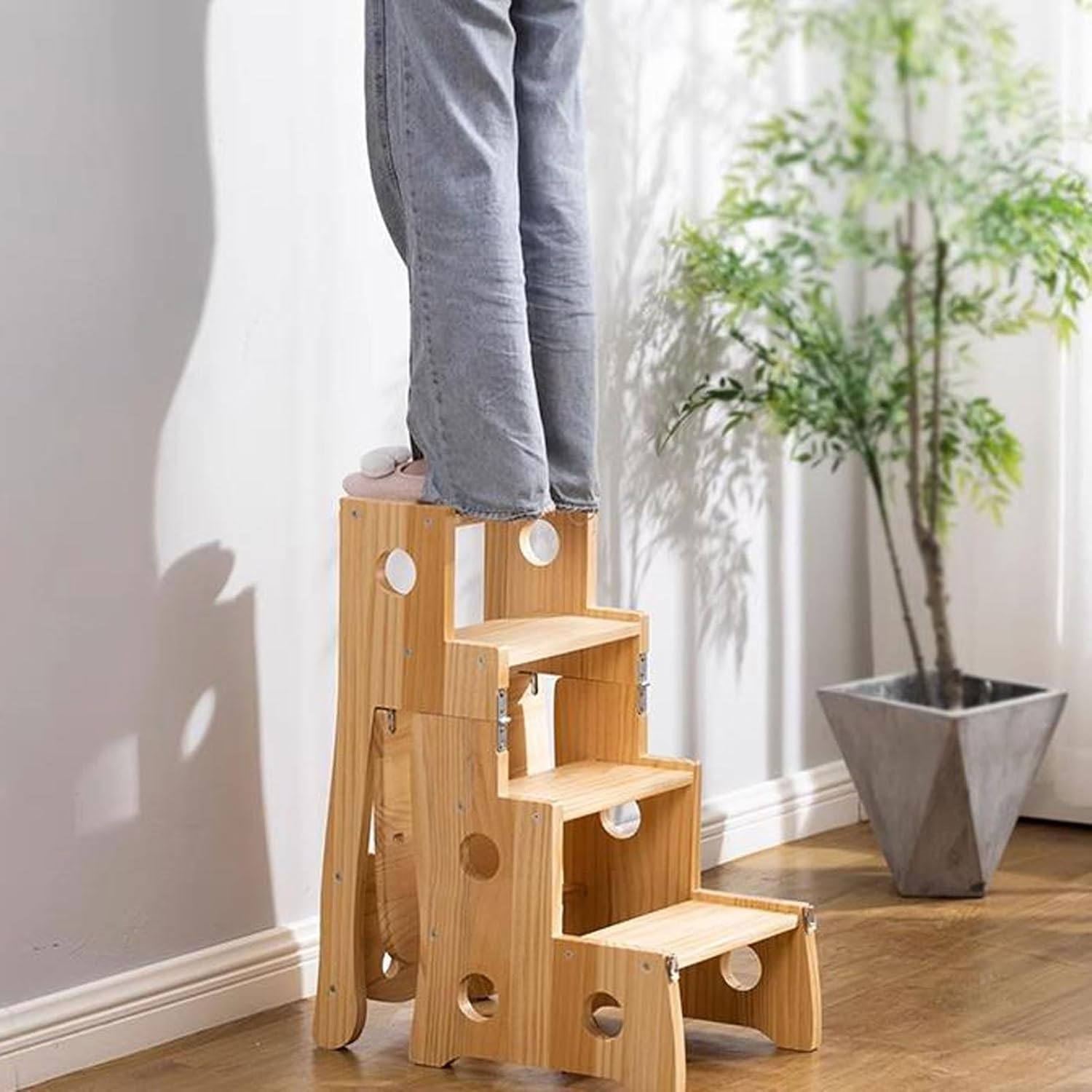 Steps 4-Step Solid Wood Folding Ladder Chair, Protable Library Ladder, Convertible Folding Chair Step Stool Display Stand for Adults Office Home Kitchen Outdoor Steps Ladder(Nature