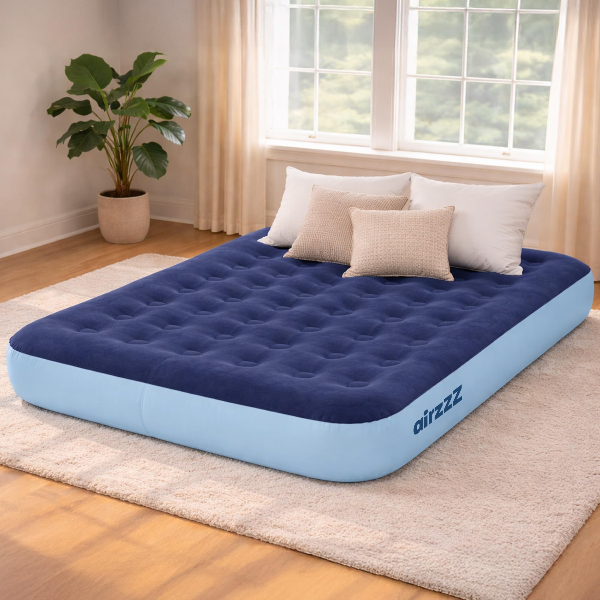 Inflatable Flocked Air Bed - Double Airbed Quick Inflatable Mattress - Quick Inflation & Deflation Blow Up Mattress Lightweight Comfortable Camping Mattress Guest Bed - Double