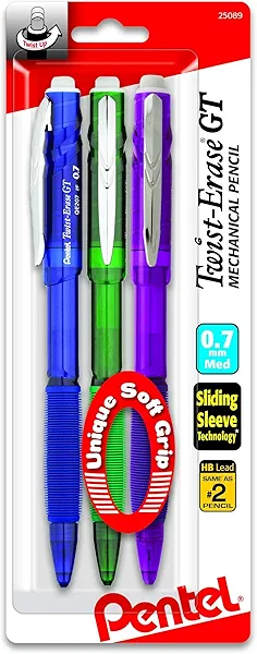 Pentel Twist-Erase GT (0.7mm) Mechanical Pencil, Assorted Barrel Colors, Color May Vary, Pack of 3 (QE207BP3M)