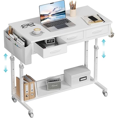 White Portable Rolling Computer Desk - 40 Inch Adjustable Mobile Standing Desks with 3 Fabric Drawers on Wheels, Couch Sofa Side Laptop Stand Up Table with Storage for Bedroom Home Office, White