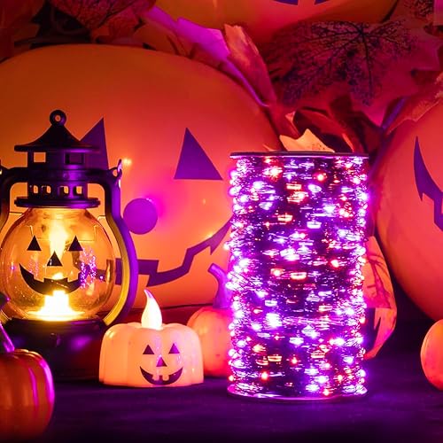 Miniatura 7 de Guirnalda de luces de Halloween de 100 pies, 300 LED, impermeable, enchufable, color morado y naranja, con control remoto, 8 modos para interiores o