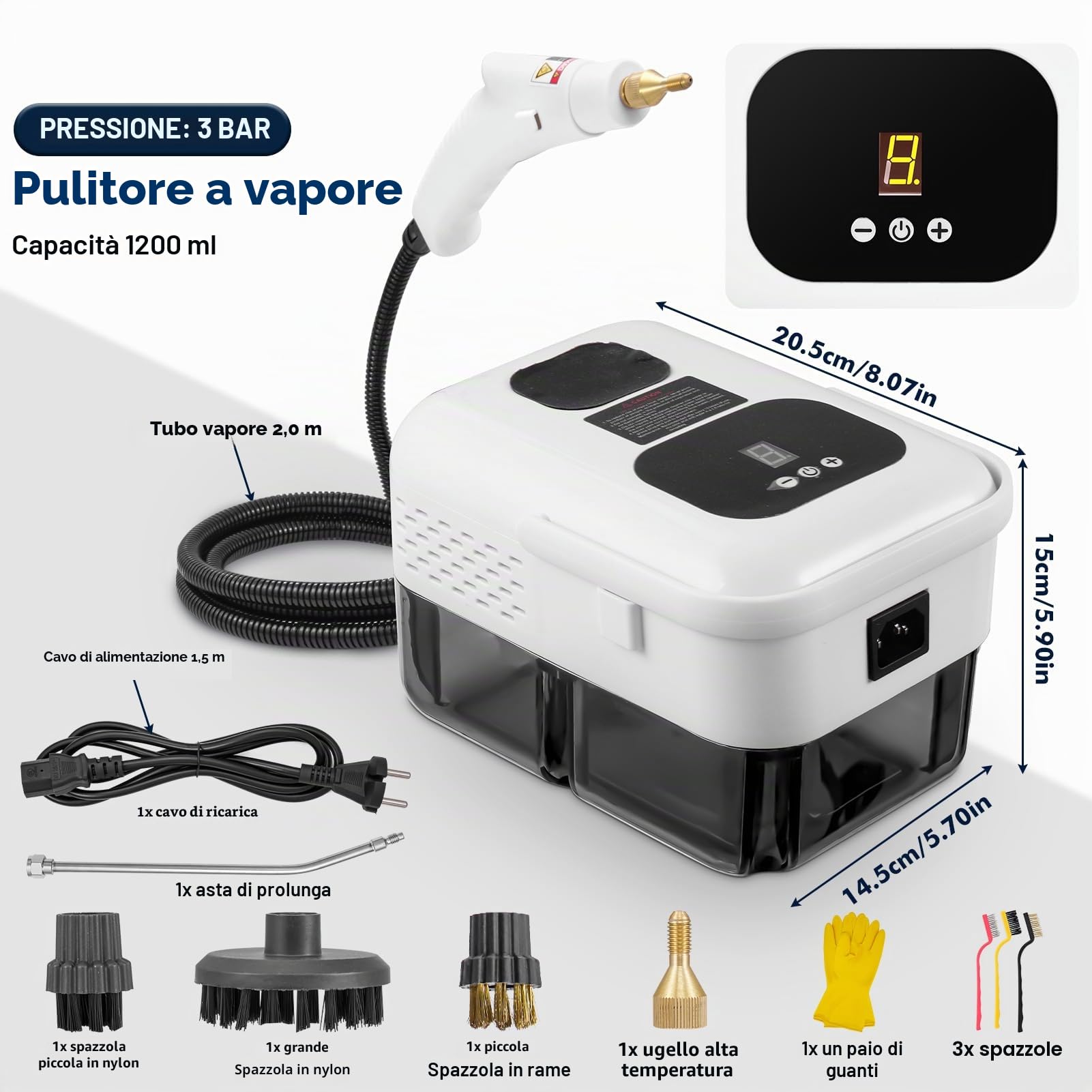 Pulitore a Vapore Portatile, 2500W 1,2L Pulitore a Vapore a Mano Multiuso, 9 Velocità Regolabile con Pulsante Touch, Riscaldamento 10 Sec Per Seggiolini Auto, Finestre, Cucina Rimuovere Sporco, Grasso