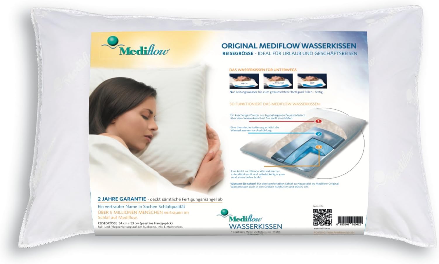 Mediflow Waterbase Fibrefill Pillow, Travel Size-White, Polyester