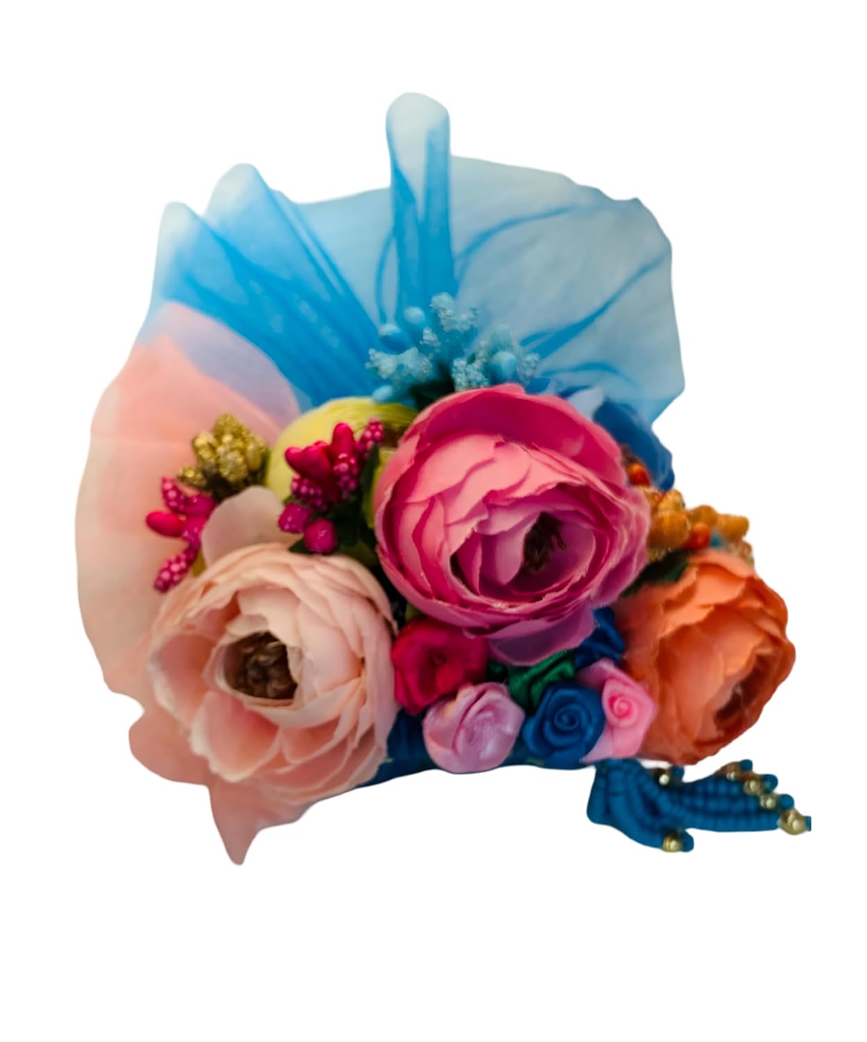 Crafti Flairs Crown of Balgopal Floral Hair Accessory, Multicolour Roses with Blue Fabric, Traditional Design
