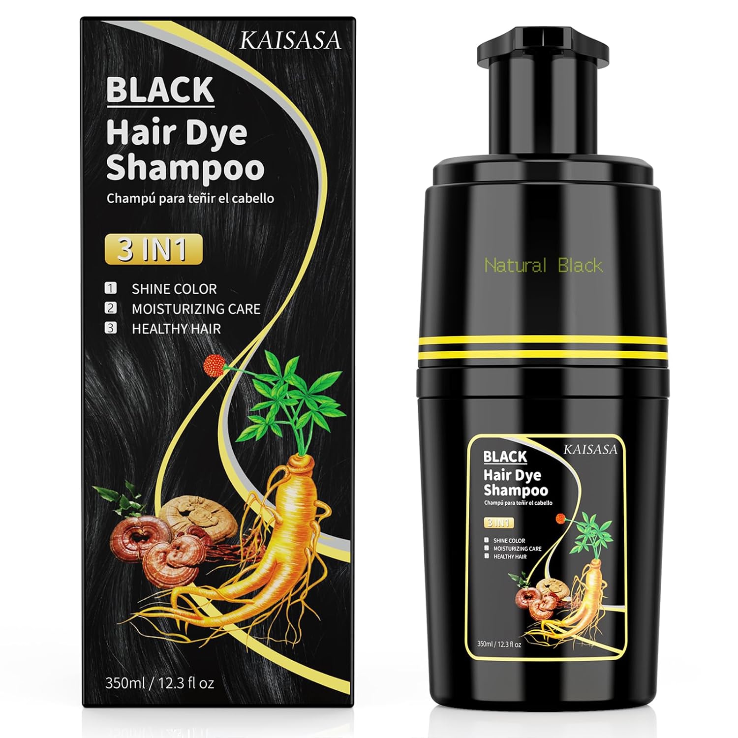 KAISASA Black Hair Dye Shampoo 3 in 1, Hair Color Shampoo for Cover Grey Hair, Natural with Herbal Ingredient for Men and Women (Black)