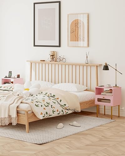 Miniatura 9 de Mesita de noche, mesa auxiliar moderna negra con cajón de almacenamiento y estante de madera abierto, mesa auxiliar pequeña con puerta decorativa de