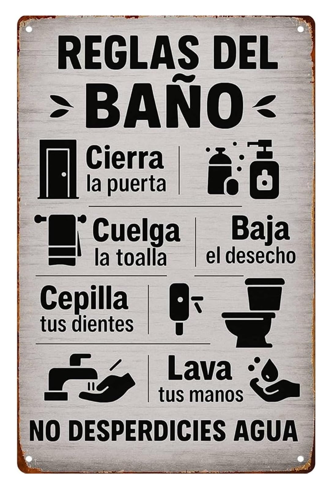 NWPNLXEA Humorous Bilingual Metal Sign Bathroom Rules Etiquette Spanish English for Home Restroom Garage 8 X 12 in