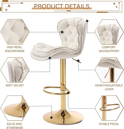 Miniatura 5 de Juego de 4 taburetes de bar giratorios de altura de mostrador con parte trasera tapizada de terciopelo, taburete ajustable, taburete de bar moderno