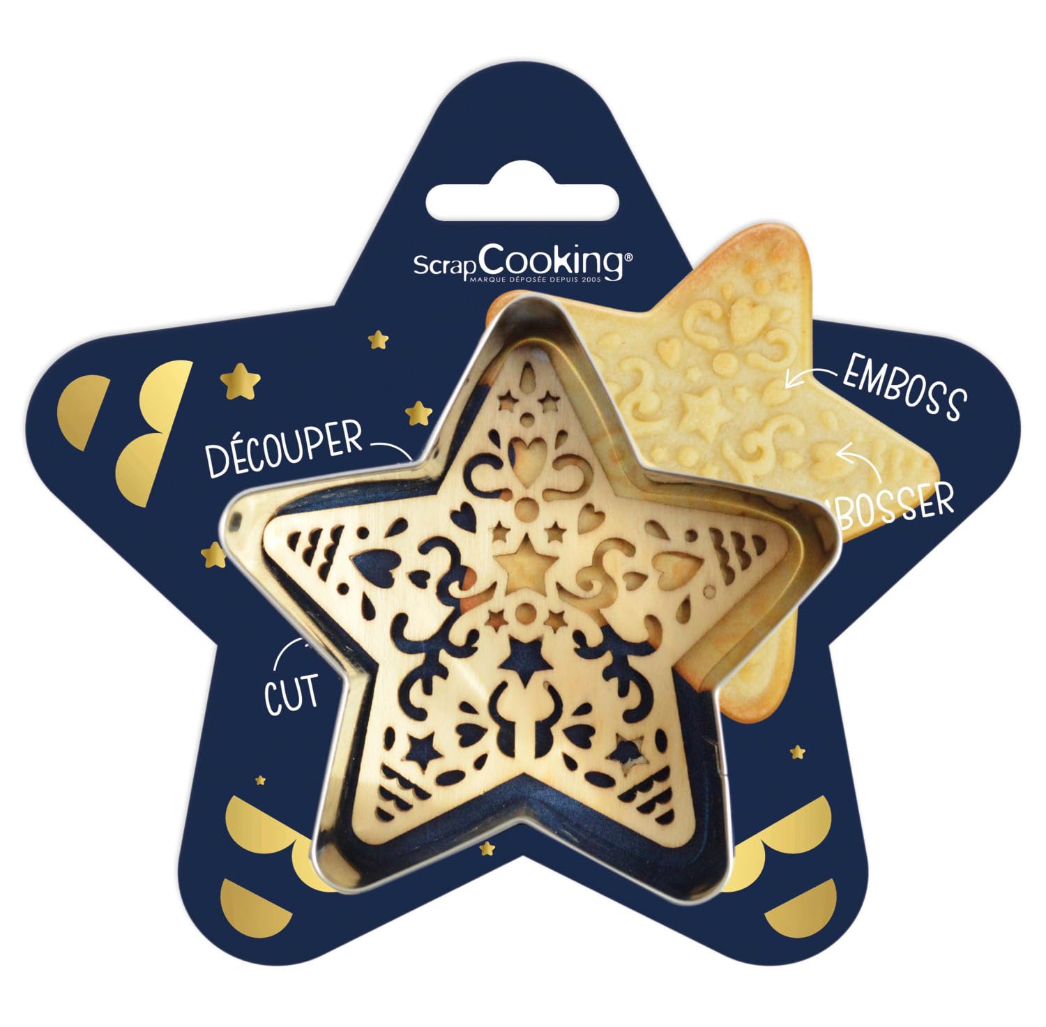 ScrapCooking - Kit Découpoir + Embosseur Bois Étoile - Emporte-​Pièce Noël en Inox pour Biscuits en Relief - Moule Accessoires Pâtisserie Sablés - 2090