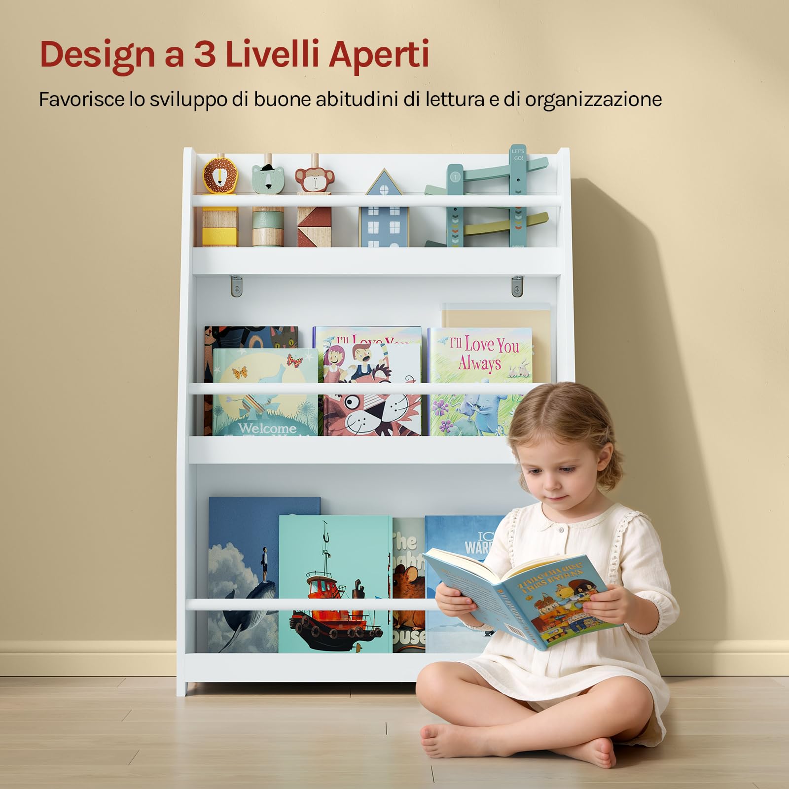 WOLTU Libreria per Bambini, Scaffale Porta Libri | 3 Ripiani, Organizzatore per Cameretta dei Bimbi, in MDF e Legno di Pino, Bianco