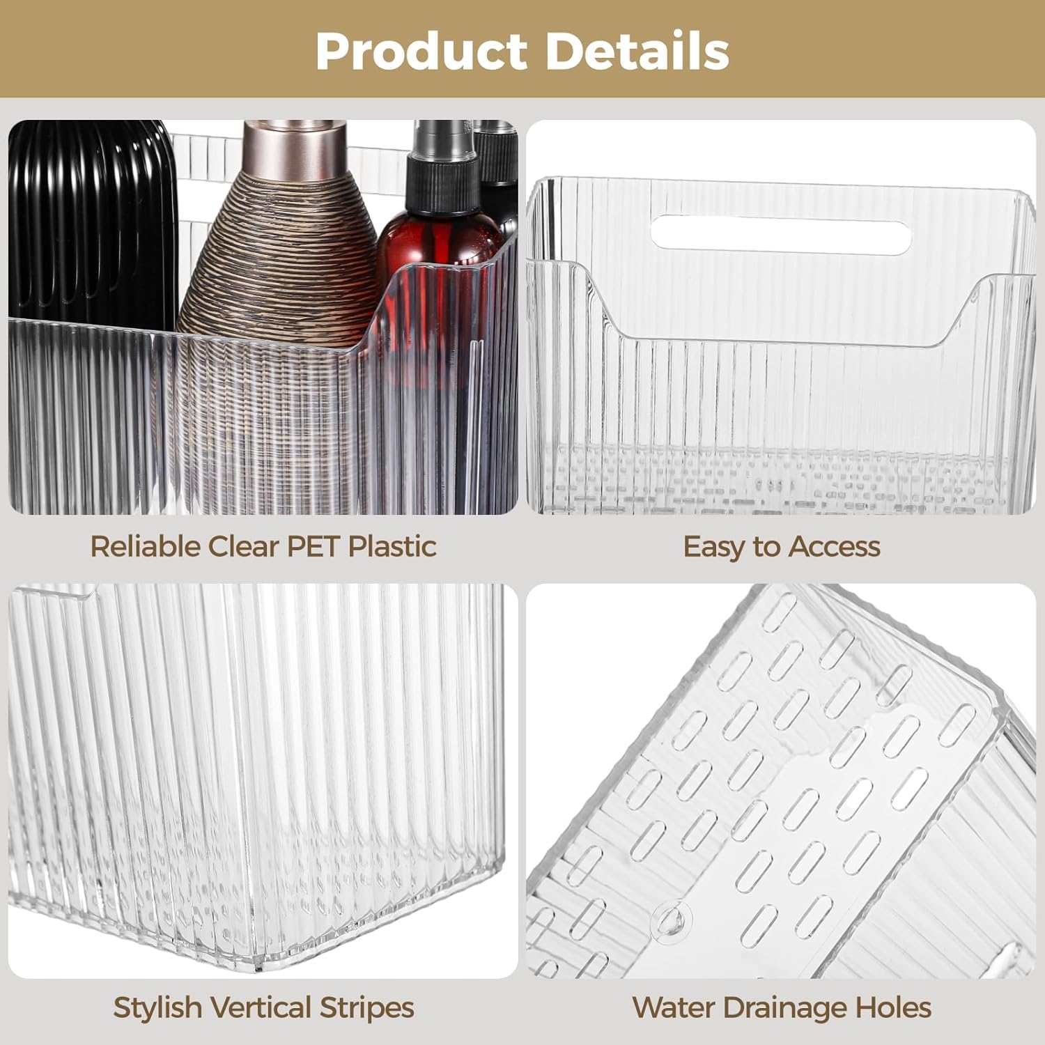 6 PCS Wall Mounted Storage Bins, Adhesive Clear Plastic Wall Organizer with Drainage Holes, Vertical Stiped Wall Organizer for Bathroom Kitchen Storage Room