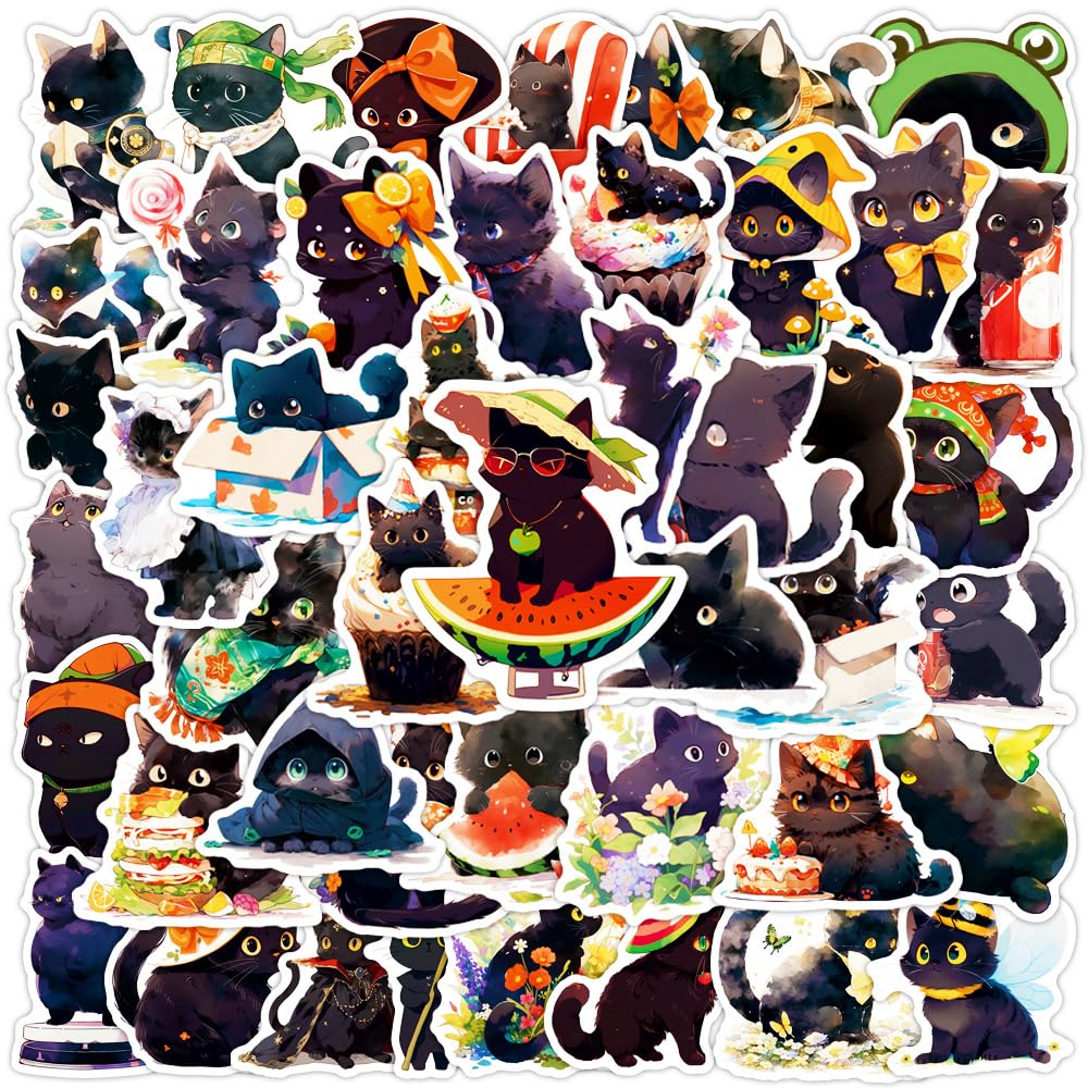 50Pcs Black Cat Stickers Laptop Car Scrapbook Phone Skateboard Suitcase Luggage Bike Black Cat Stickers Vinyl Waterproof Aesthetic Personalised Stickers for Teens Boys Girls Adults Children