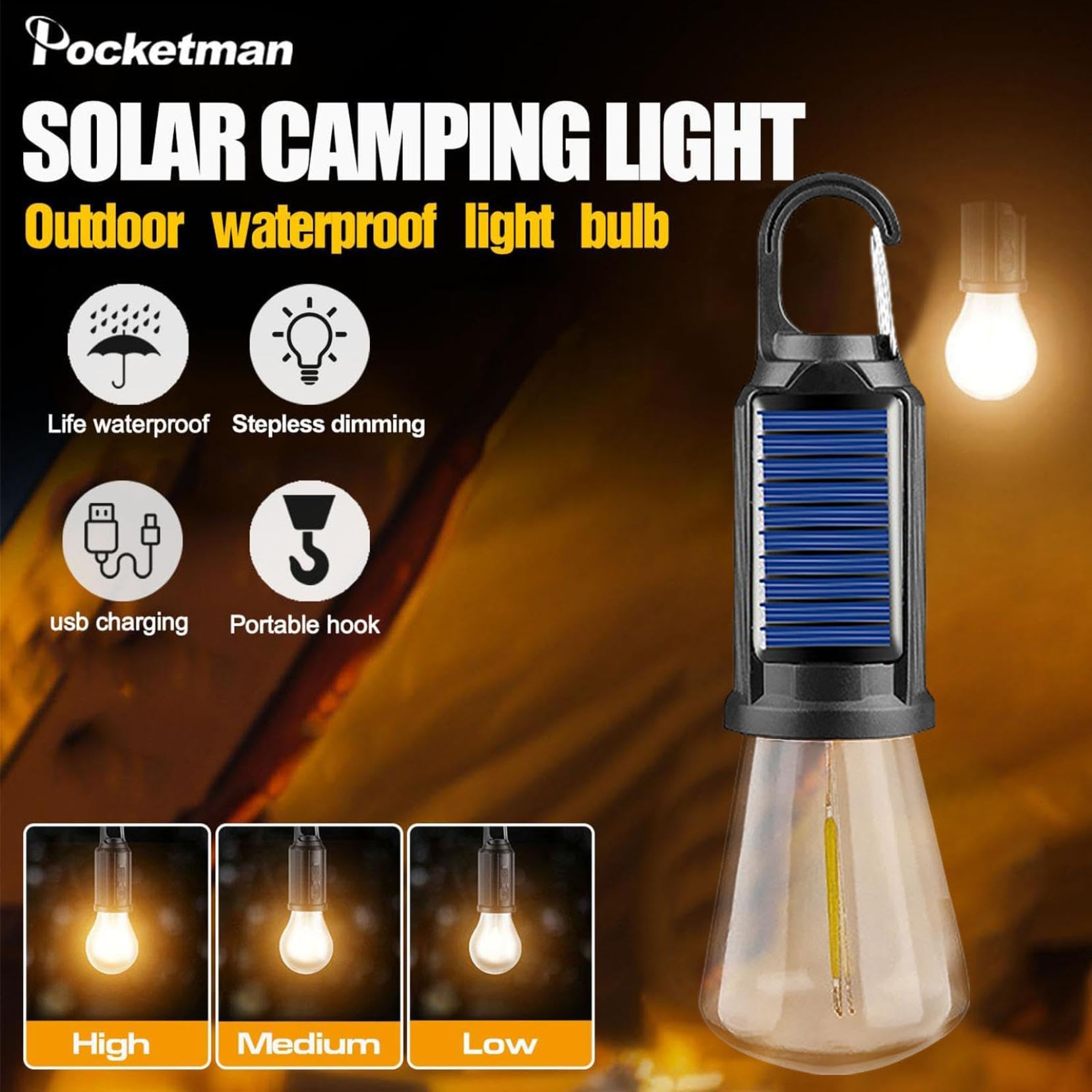 Luces solares recargables para camping, linterna de camping portátil, 3 modos de luz LED para tienda de campaña con gancho de clip, bombilla colgante impermeable al aire libre para camping, senderismo