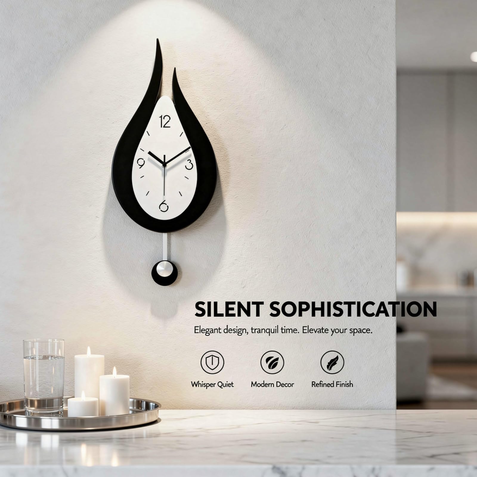 Reloj de pared con péndulo acrílico de gota de agua, 24 x 52 cm, estilo moderno en blanco y negro, movimiento silencioso, relojes decorativos para sala de estar, dormitorio, oficina