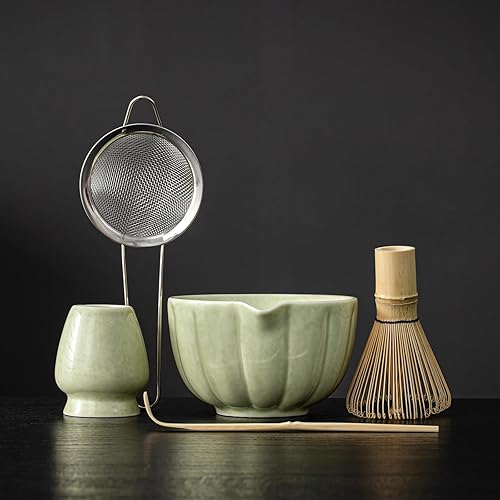 Juego de batidor de matcha, juego de matcha incluye cuenco de cerámica matcha, batidor de bambú, cuchara, soporte de Chasen, tamiz, kit de 5 piezas
