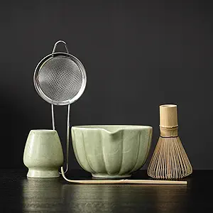 Matcha Whisk Set, Matcha Set Includes Ceramic Matcha Bowl, Bamboo Whisk, Scoop, Chasen Holder, Sifter, 5 Pcs Perfect Matcha Kit for Macha Lover (Mottled Green)